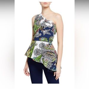 CHIARA BONI La Petite Robe King Printed One Shoulder Peplum Top NWT Size 4 EU 40